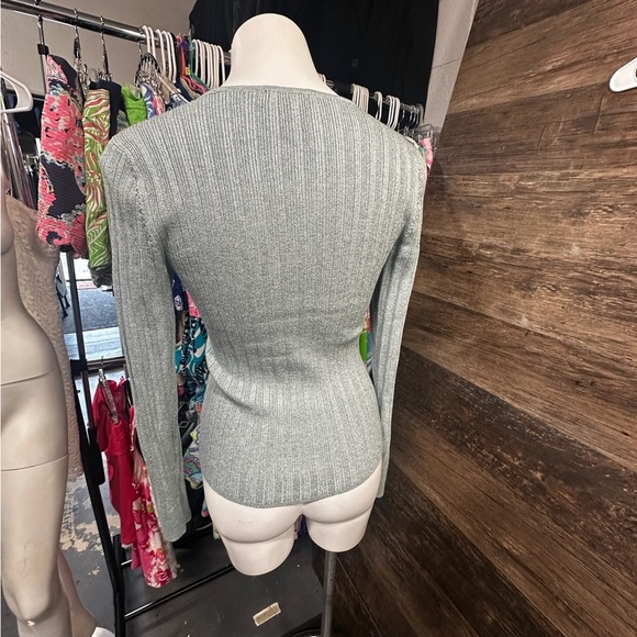 White House Black Market Light Blue Metallic Ribbed Fitted Sweater - Picture 2 of 10